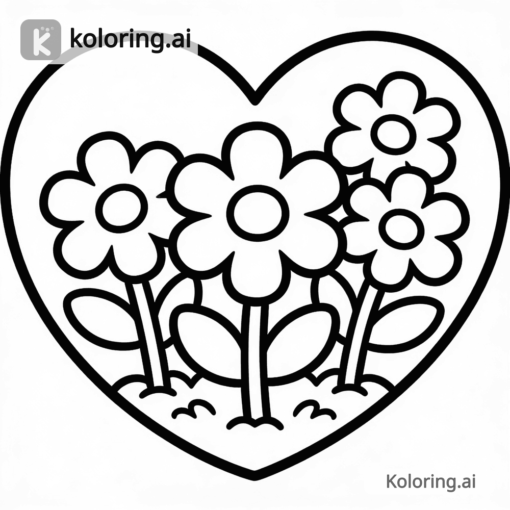 Black and white coloring page of big heart with flowers growing inside