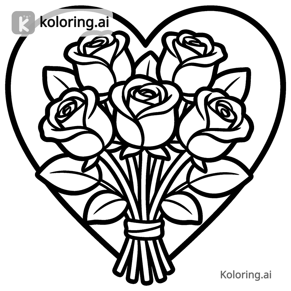 Black and white coloring page of bouquet of roses tied into a heart shape