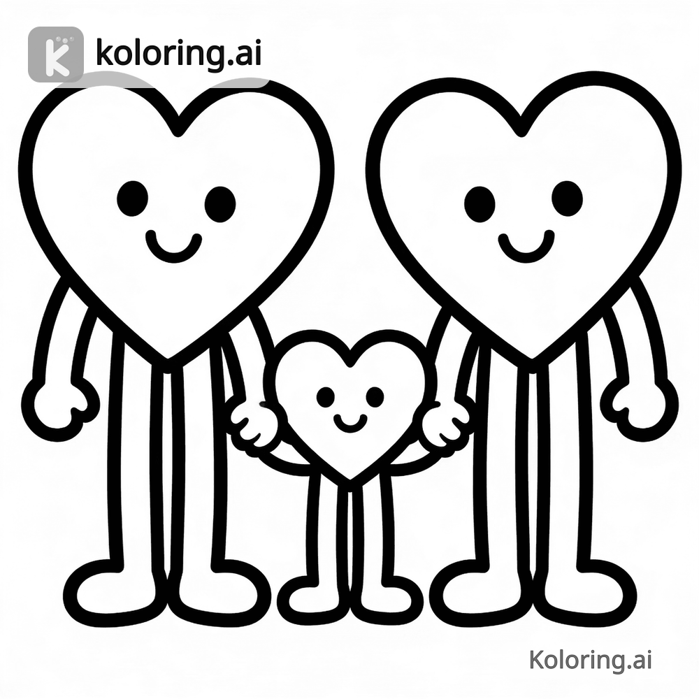 Black and white coloring page of cute heart family holding hands