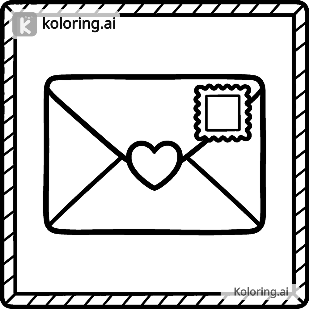 Black and white coloring page of envelope sealed with a heart stamp