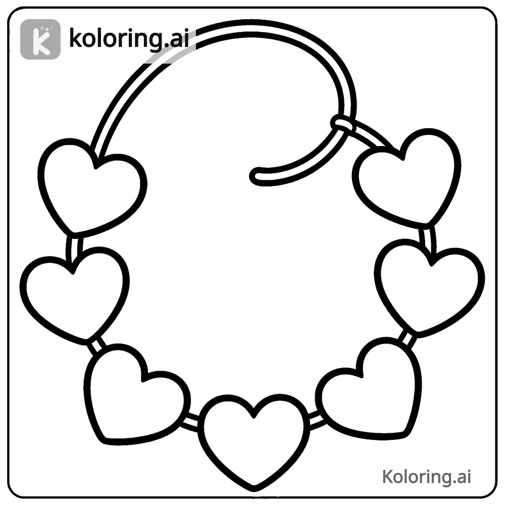 Black and white coloring page of garland of hearts strung on a string