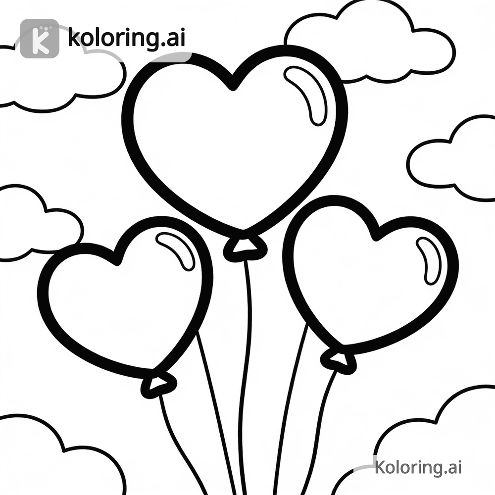 Black and white coloring page of heart balloons floating in the sky