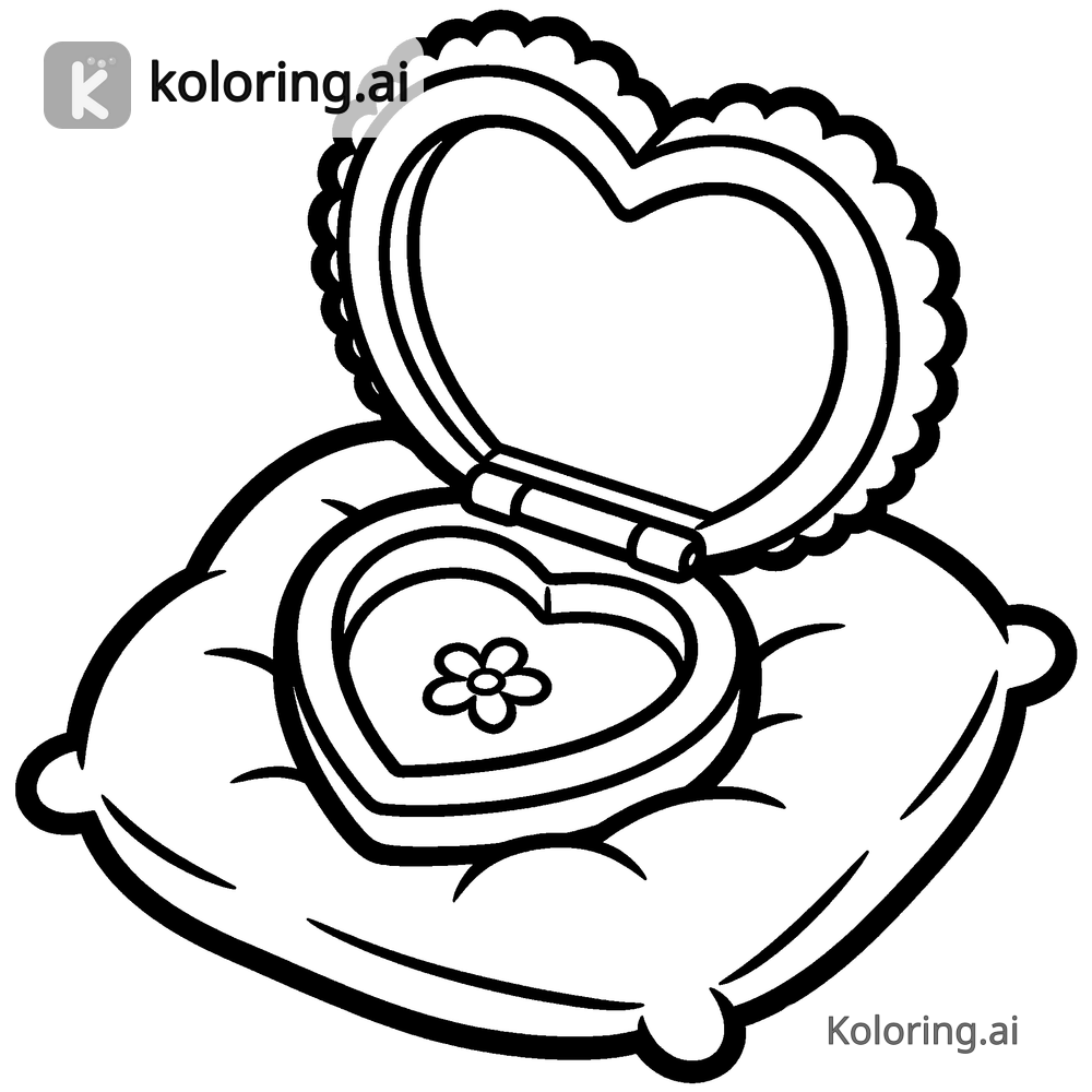 Black and white coloring page of heart locket open on a velvet cushion