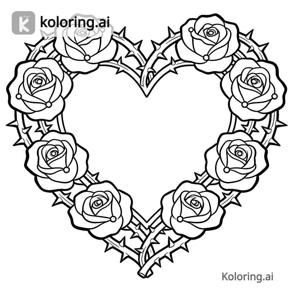 Black and white coloring page of heart made of roses and thorns