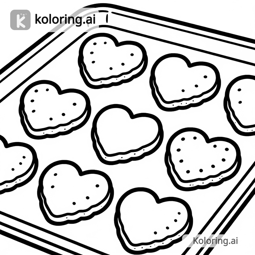 Black and white coloring page of heart-shaped cookies on a baking tray