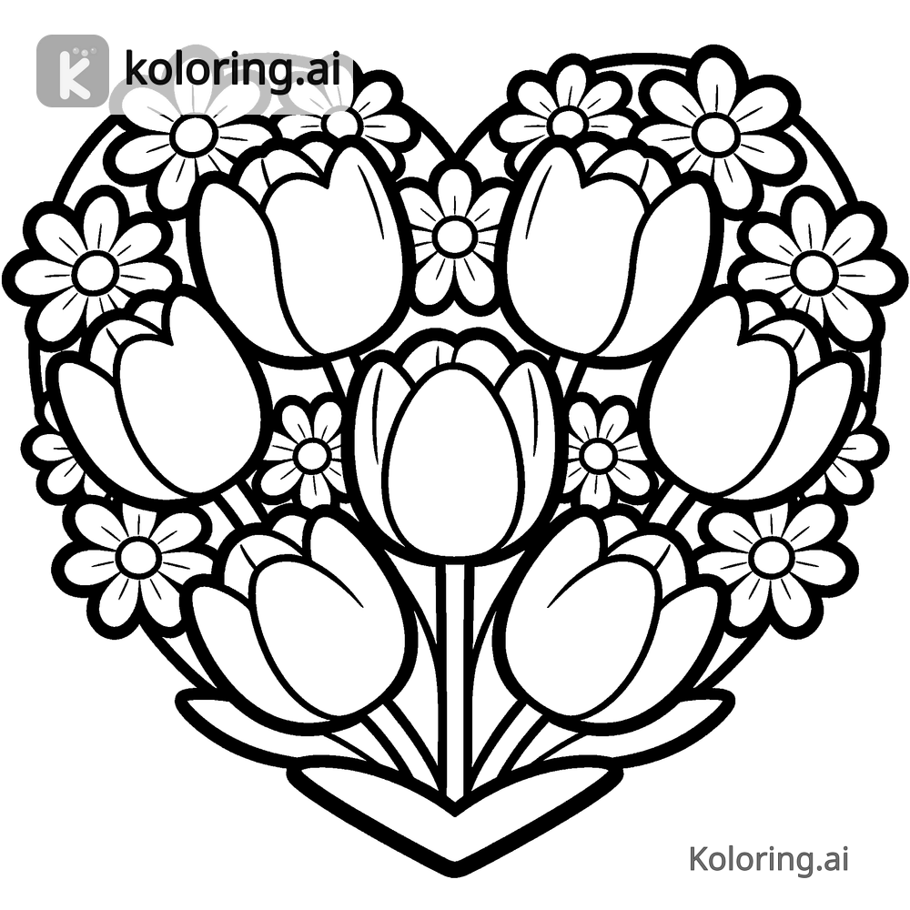Black and white coloring page of heart-shaped wreath of tulips and daisies