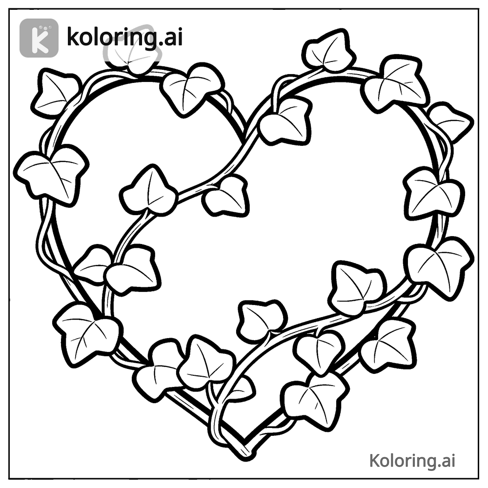 Black and white coloring page of heart wrapped in climbing ivy vines