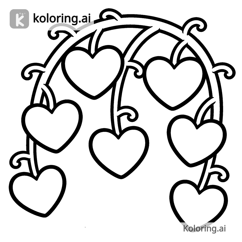 Black and white coloring page of hearts cascading down a vine trellis