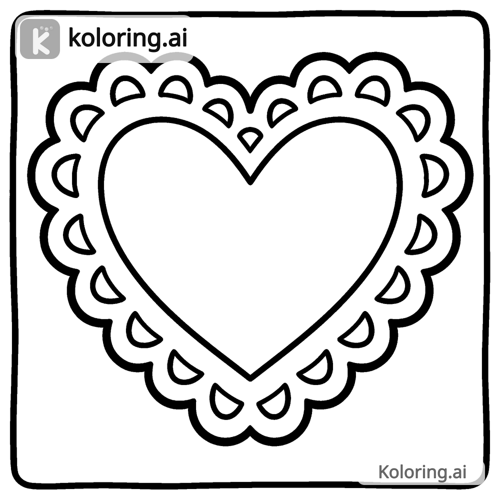 Black and white coloring page of lace doily heart with scalloped edges
