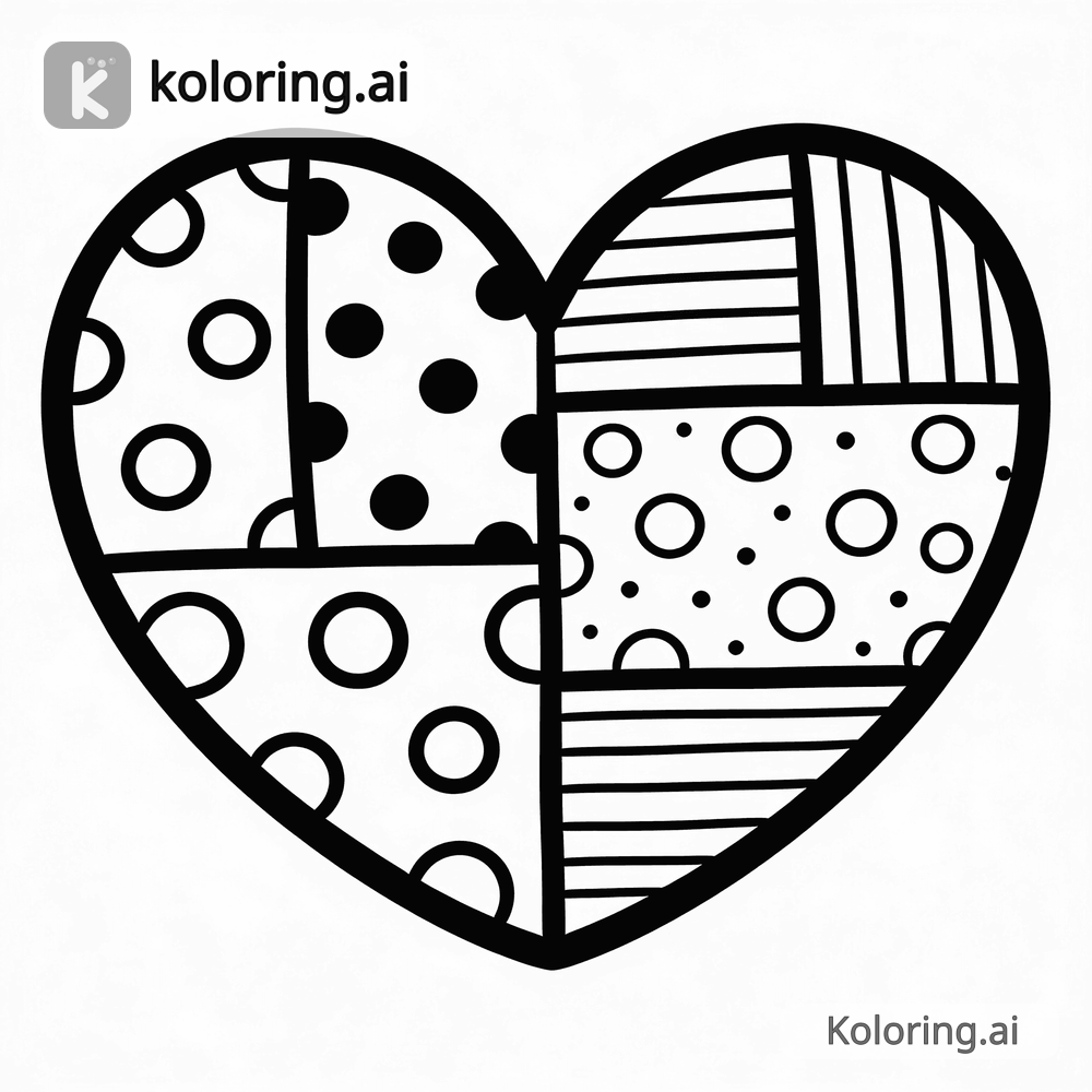 Black and white coloring page of patchwork heart with different patterns