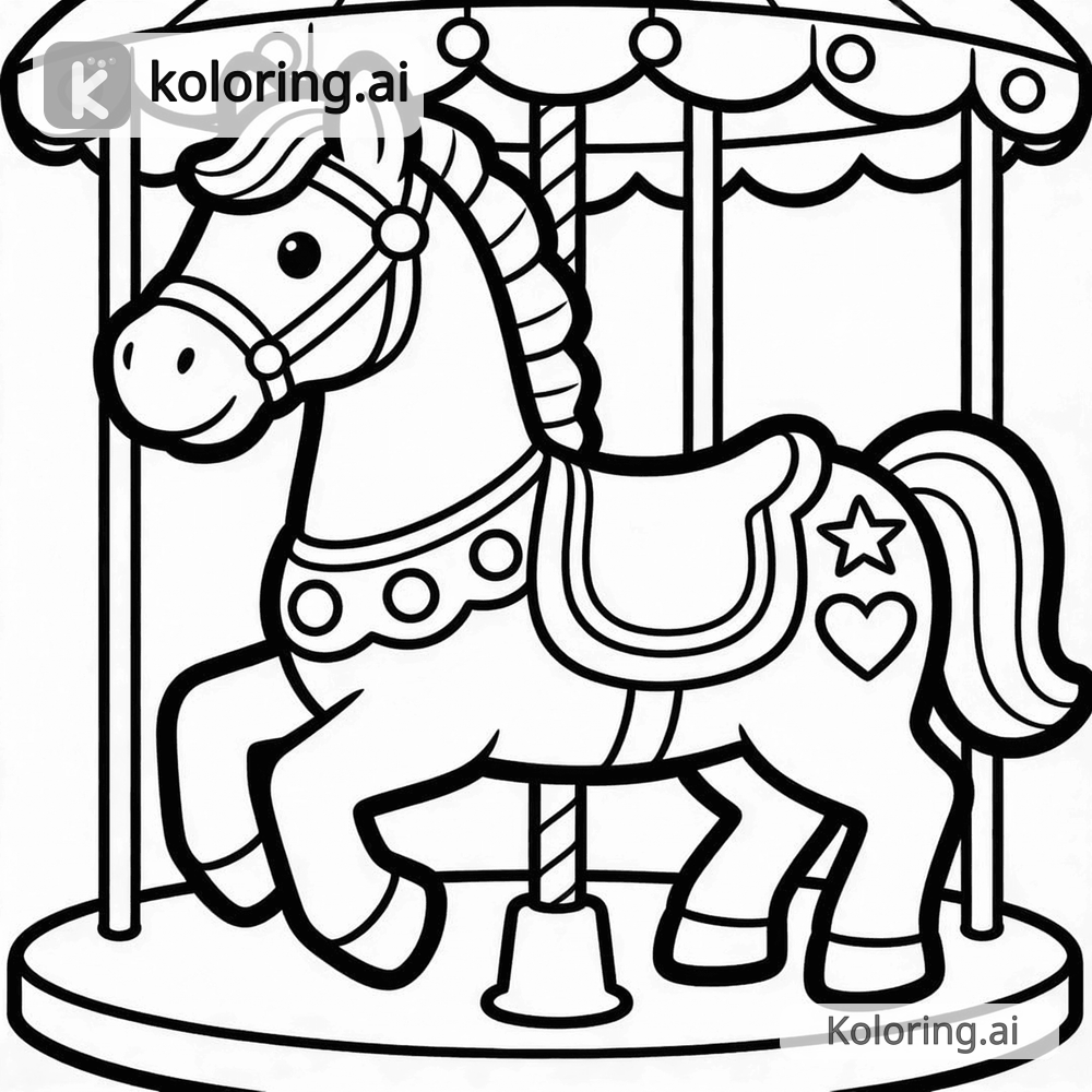Black and white coloring page of carousel horse with decorations