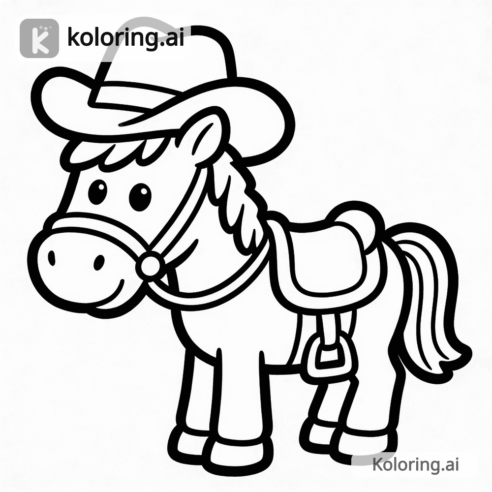 Black and white coloring page of cowboy horse with saddle and hat