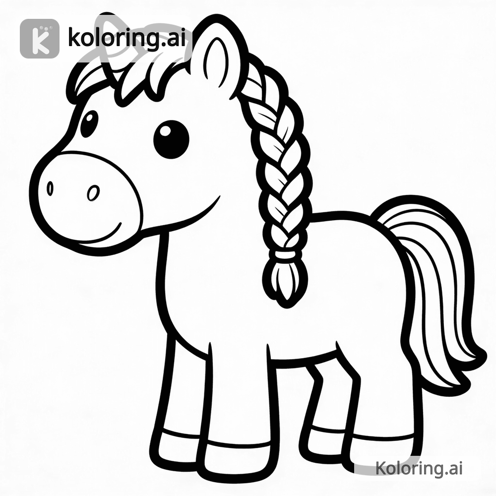 Black and white coloring page of cute cartoon pony with braided mane