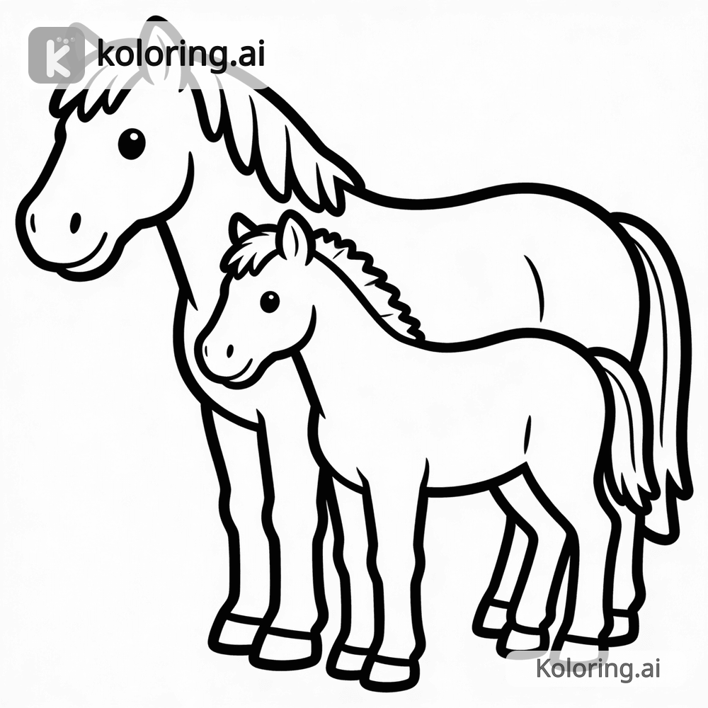 Black and white coloring page of horse and foal standing together