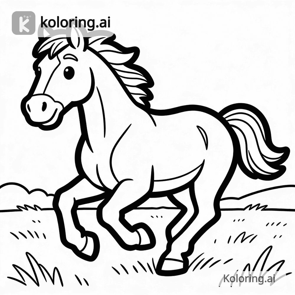 Black and white coloring page of wild horse running through an open field