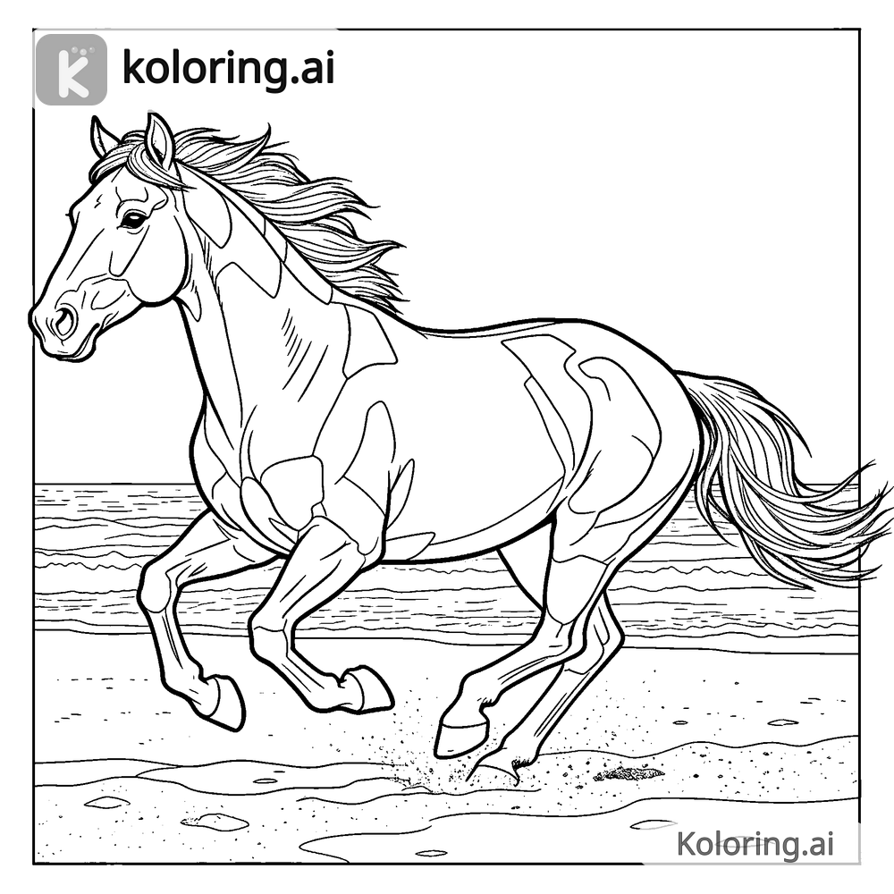 Black and white coloring page of wild mustang running on the beach