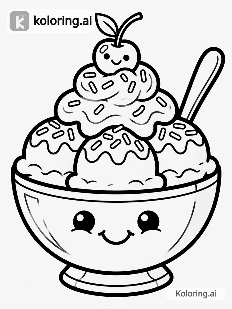 Black and white coloring page of bowl of sundae with whipped cream