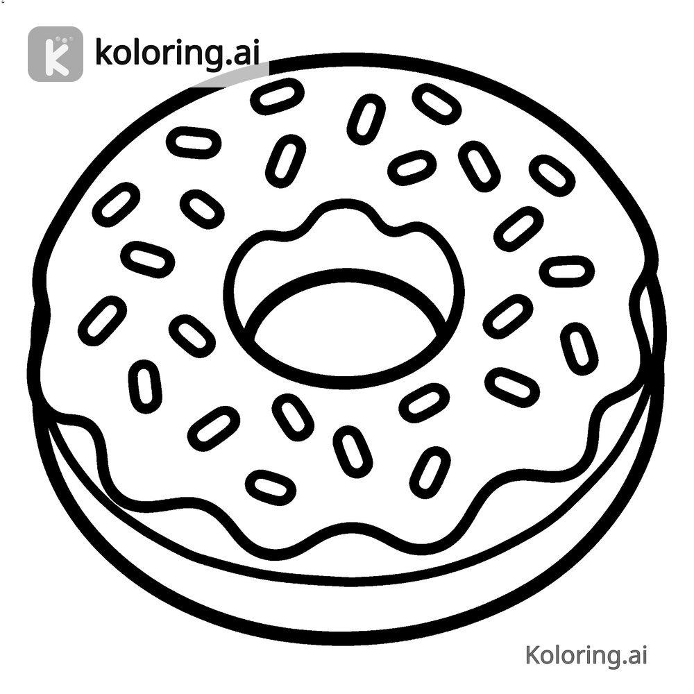 Black and white coloring page of donut with sprinkles and icing