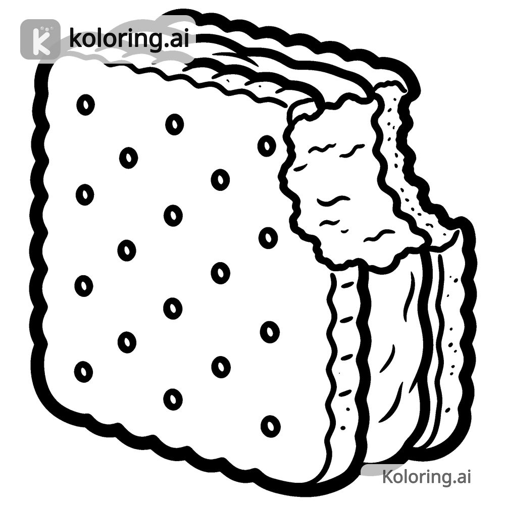 Black and white coloring page of ice cream sandwich with a bite taken
