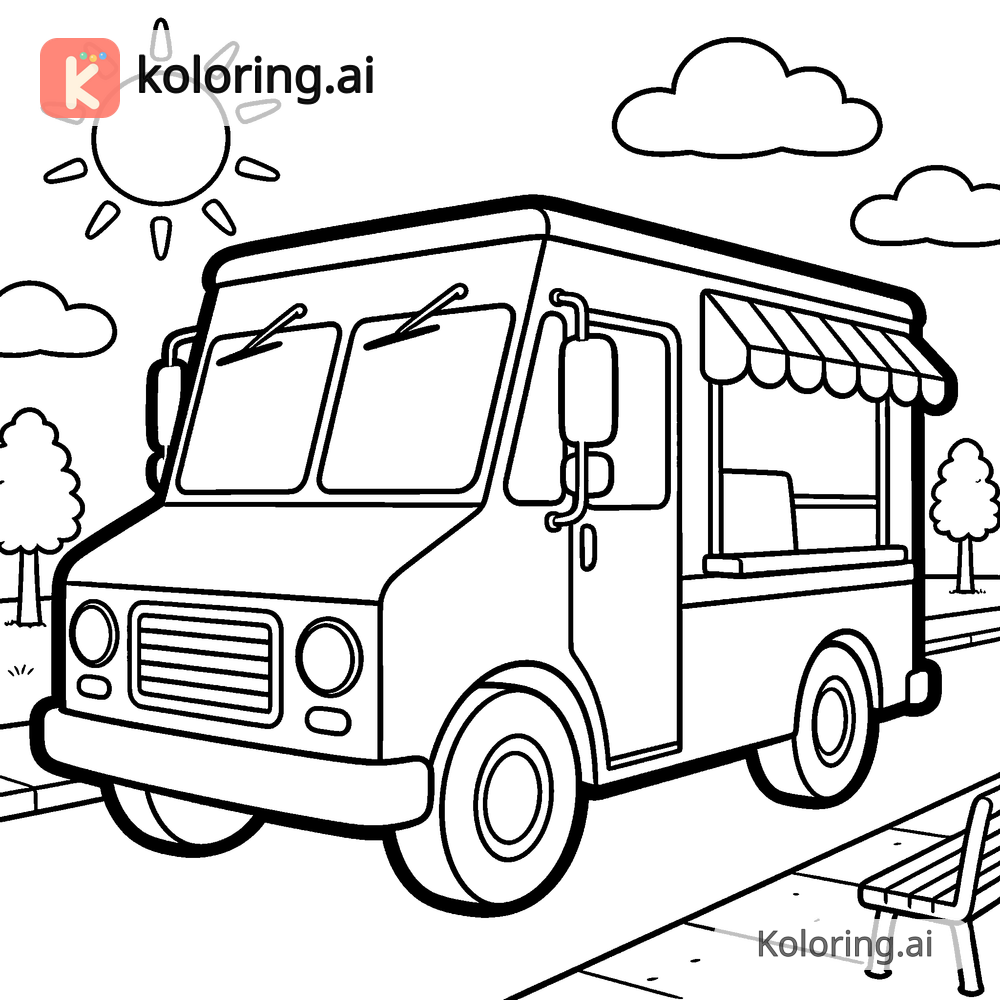 Black and white coloring page of ice cream truck on a summer street