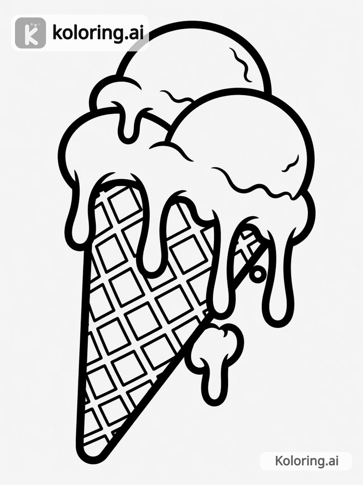 Black and white coloring page of melting ice cream cone with drips
