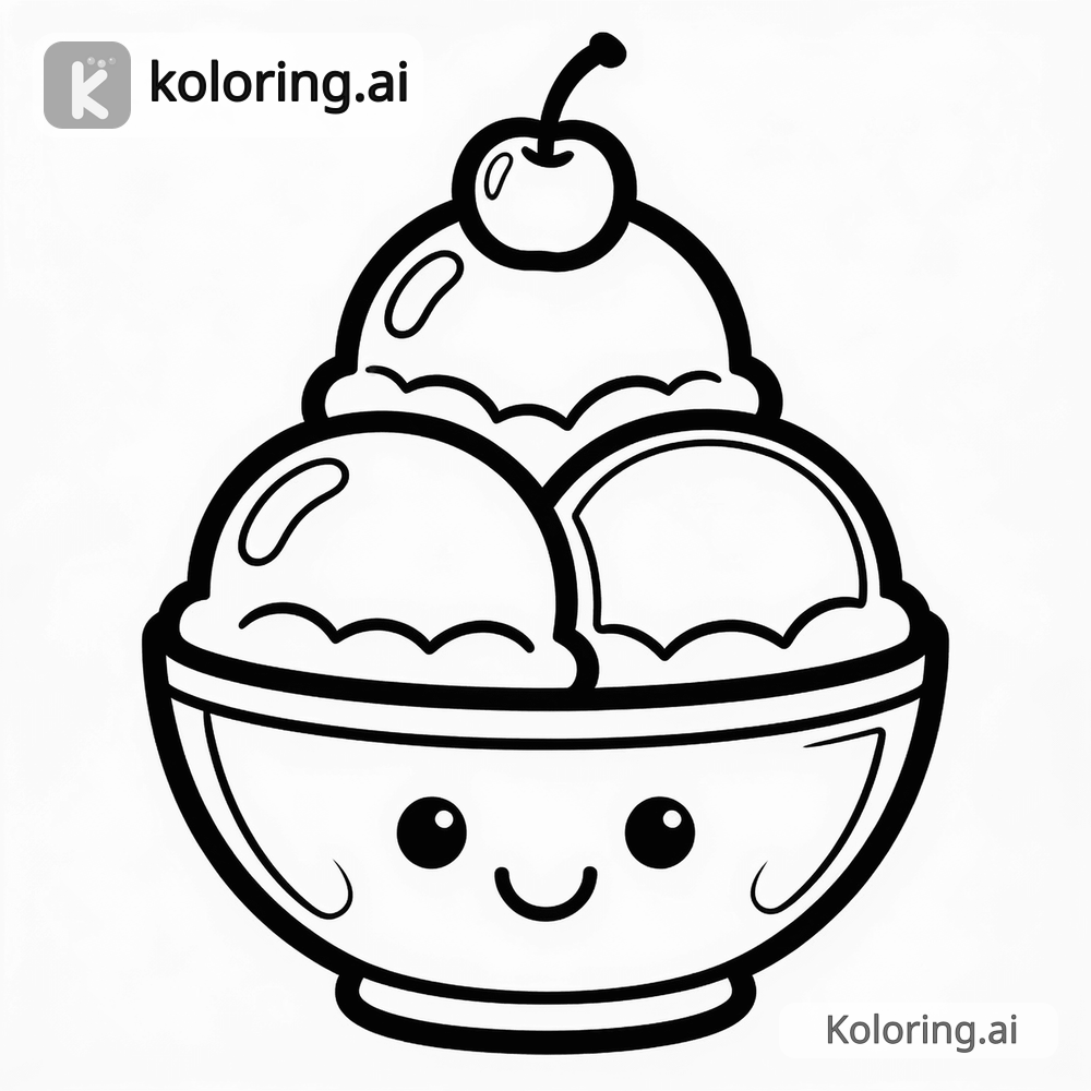Black and white coloring page of smiling ice cream sundae with a cherry on top