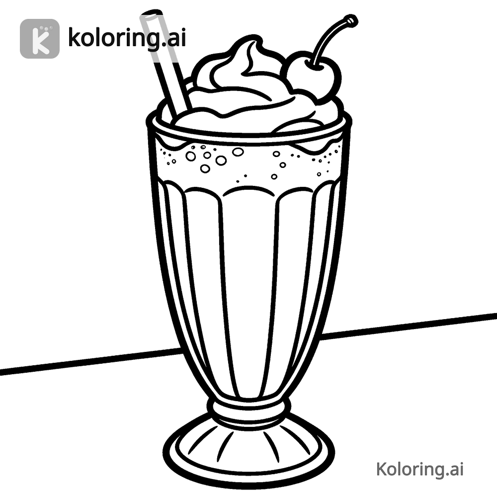 Black and white coloring page of tall milkshake with a straw and cherry