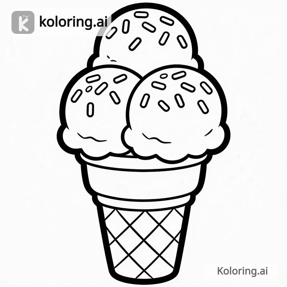 Black and white coloring page of triple-scoop ice cream cone with sprinkles