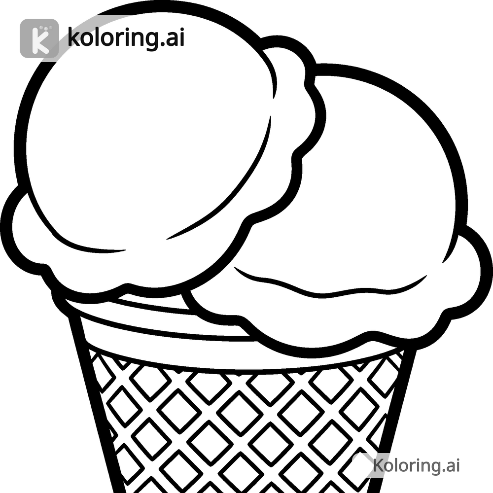 Black and white coloring page of waffle cone with a double scoop