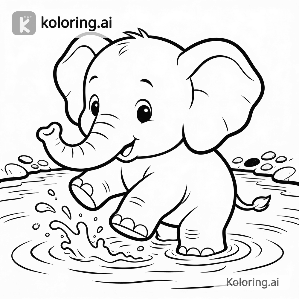 Black and white coloring page of baby elephant playing in a river