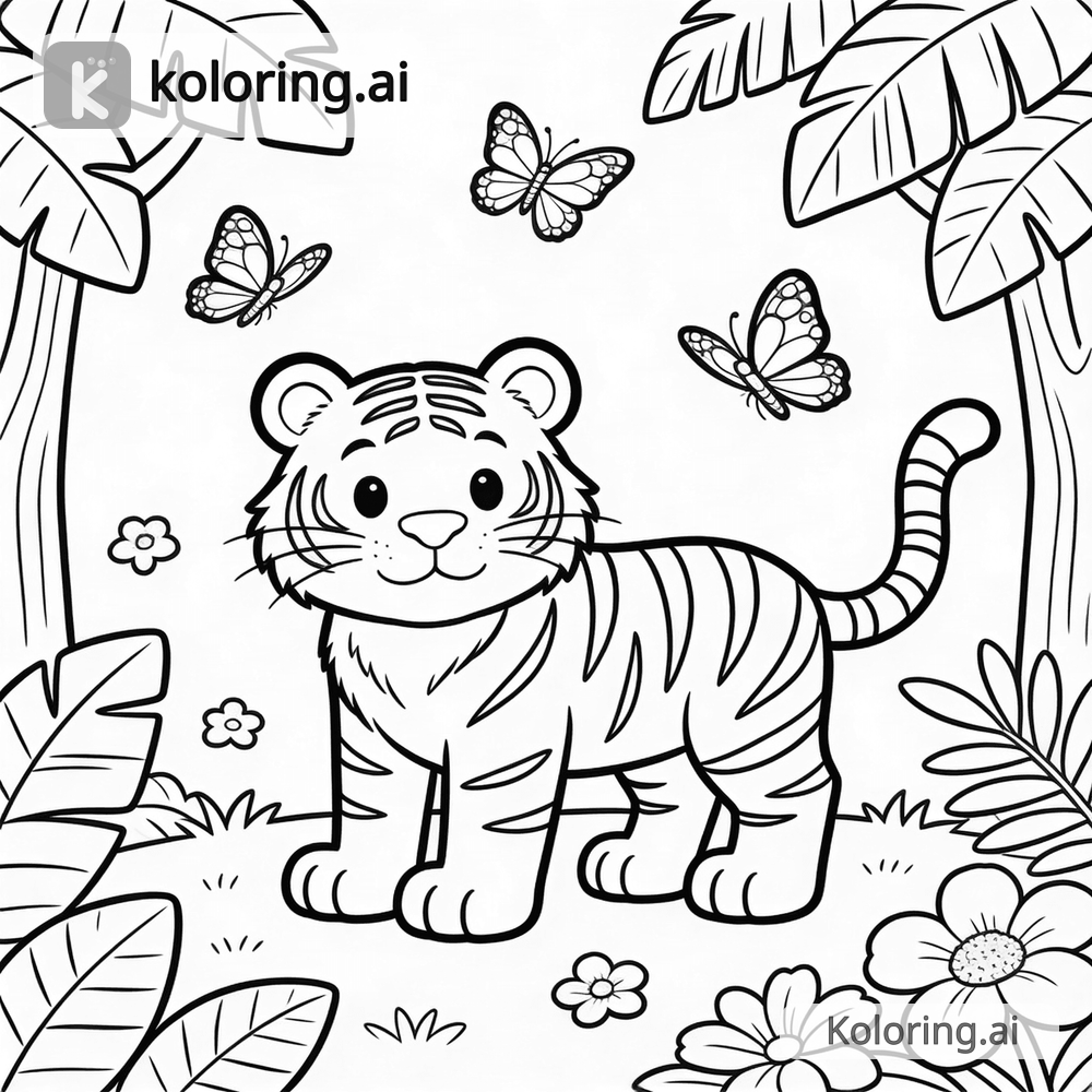 Black and white coloring page of jungle scene with tiger and butterflies
