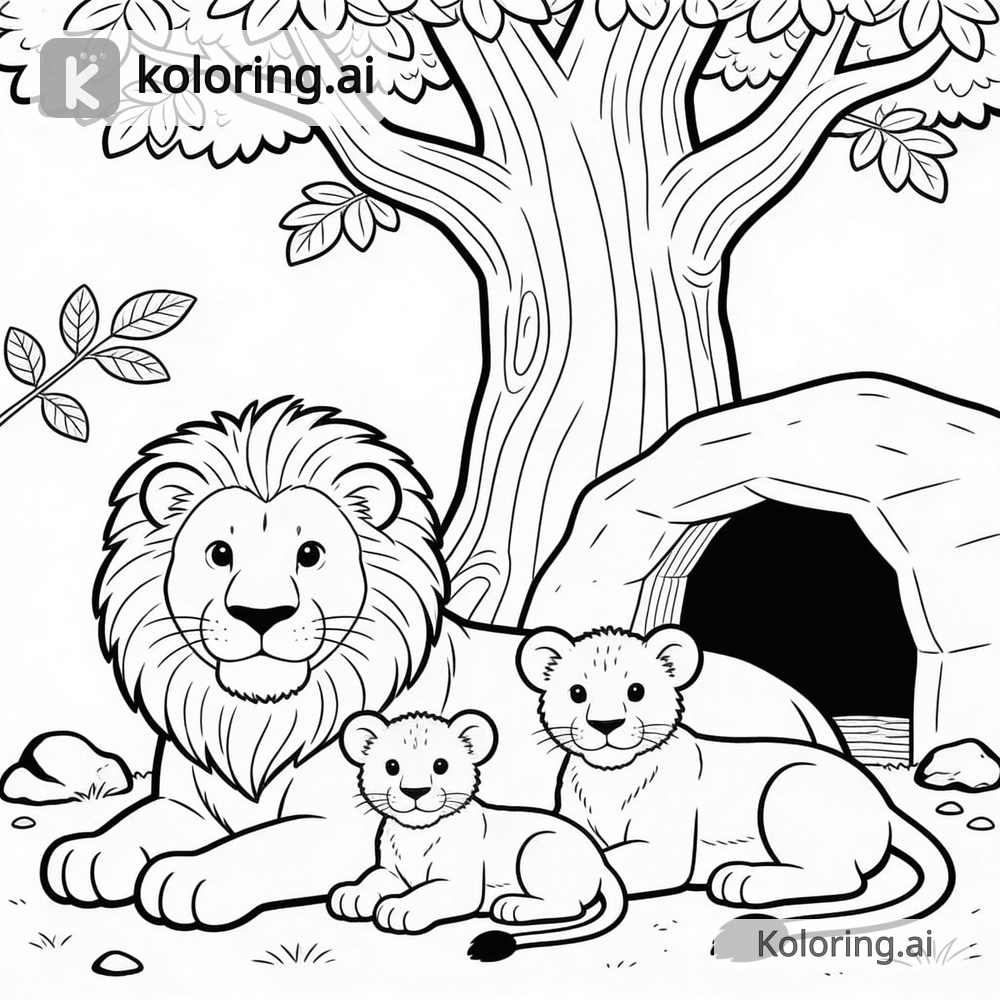 Black and white coloring page of lion cubs wrestling in tall grass