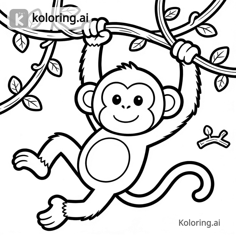 Black and white coloring page of monkey swinging from vines