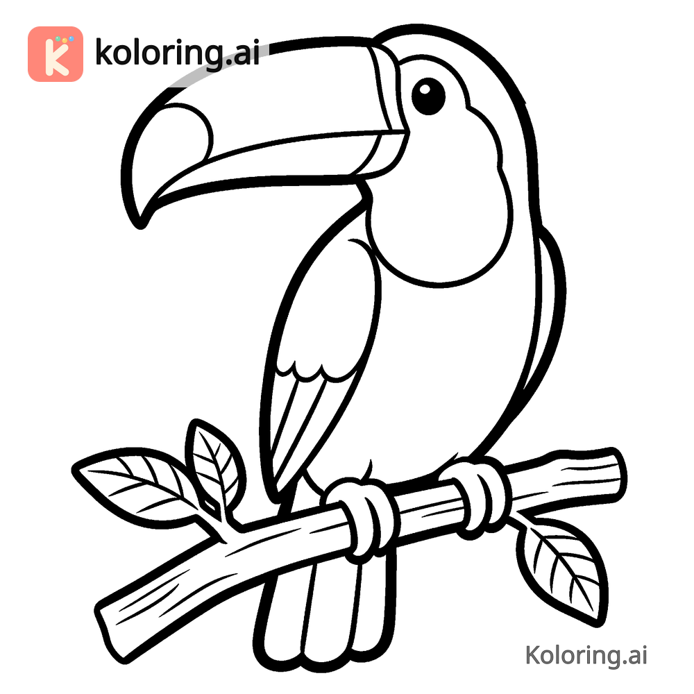 Black and white coloring page of toucan perched on a jungle branch