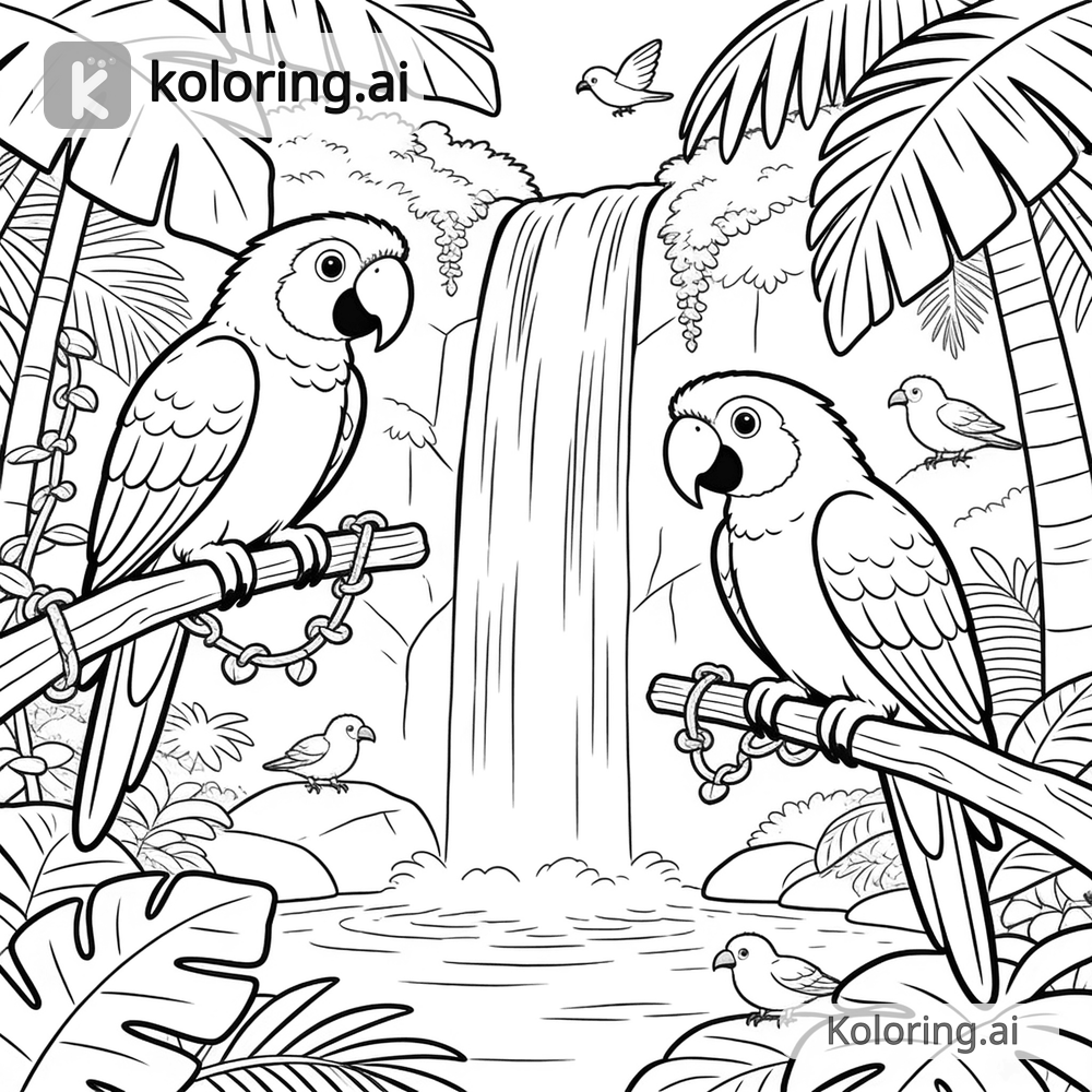 Black and white coloring page of tropical jungle with parrots and waterfall