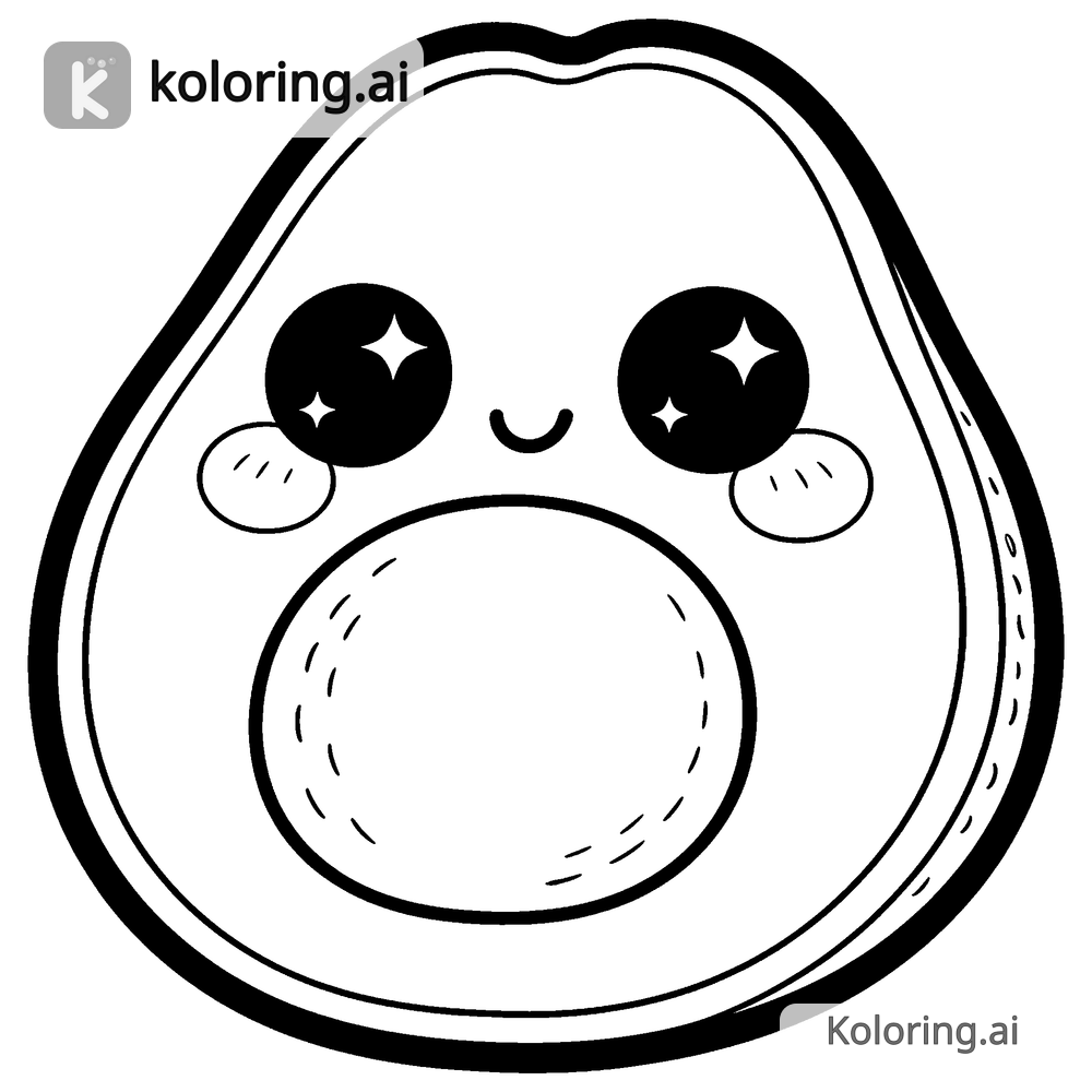 Black and white coloring page of kawaii avocado with a happy face