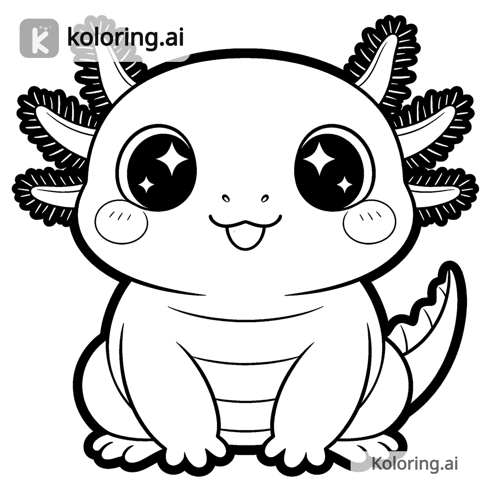 Black and white coloring page of kawaii axolotl smiling
