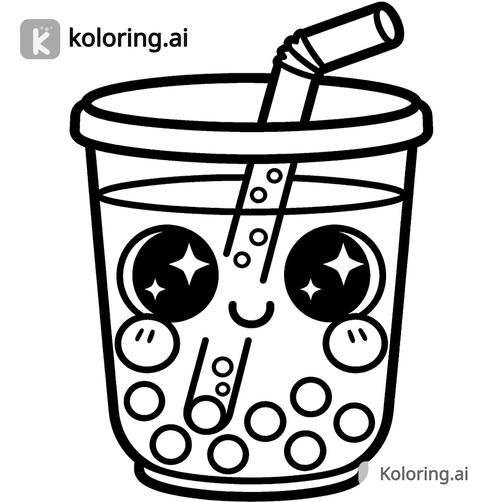 Black and white coloring page of kawaii bubble tea with a straw