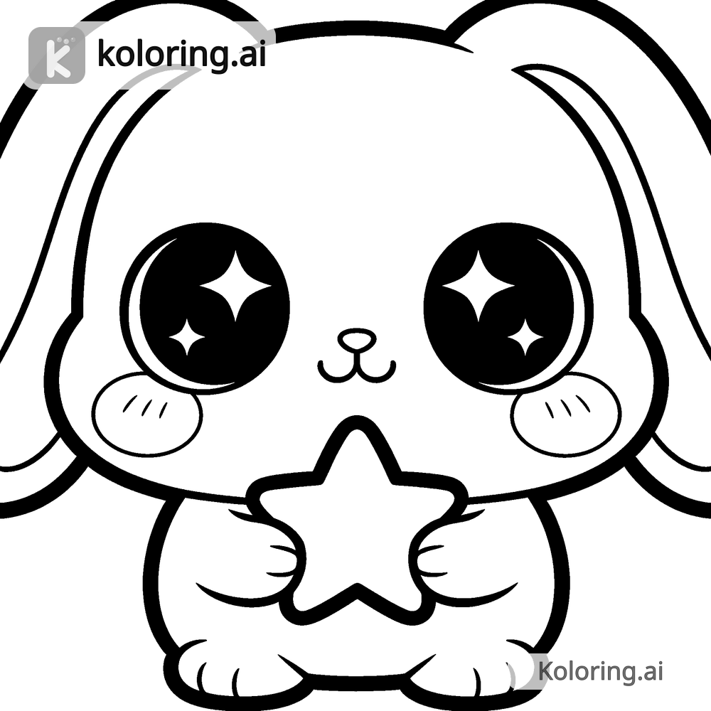 Black and white coloring page of kawaii bunny holding a star