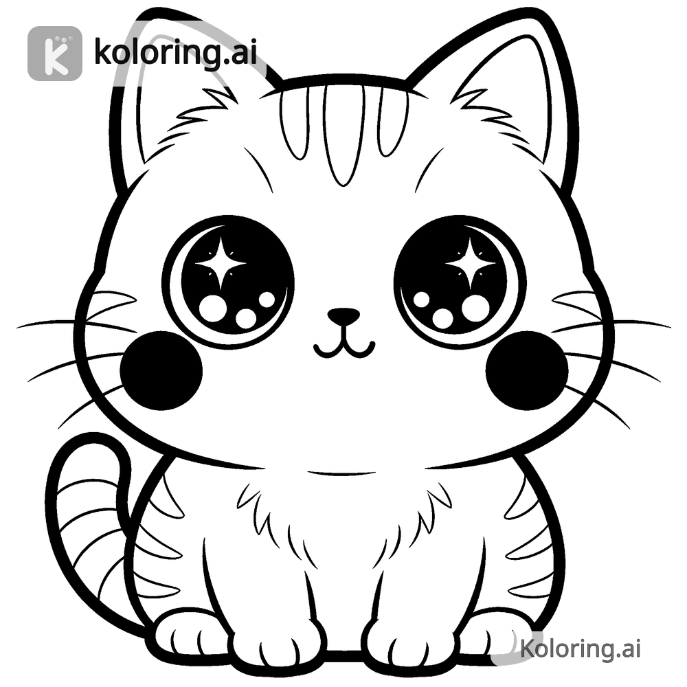 Black and white coloring page of kawaii cat with rosy cheeks
