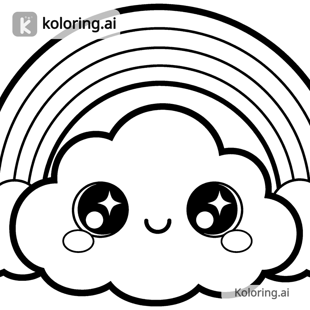 Black and white coloring page of kawaii cloud with a rainbow