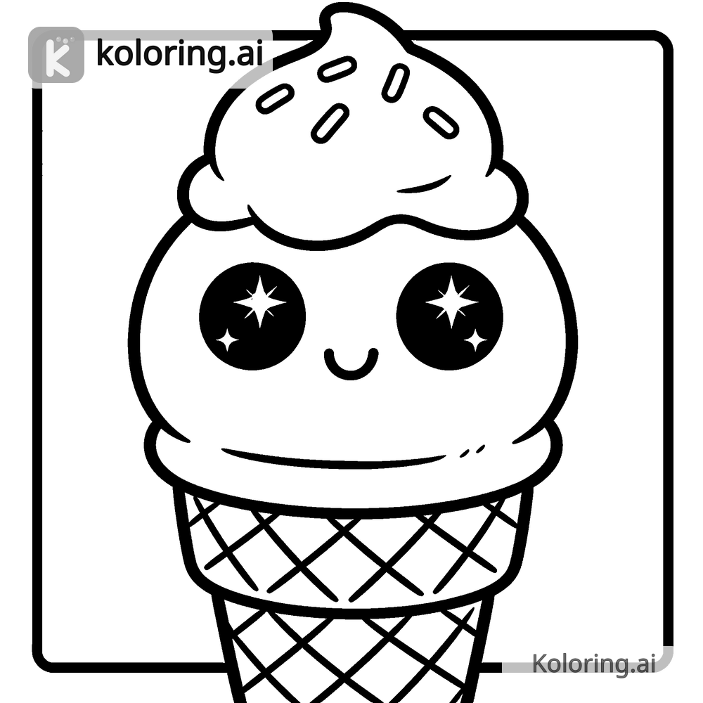 Black and white coloring page of kawaii ice cream cone with a smiling face
