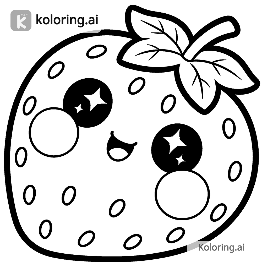 Black and white coloring page of kawaii strawberry with cute eyes