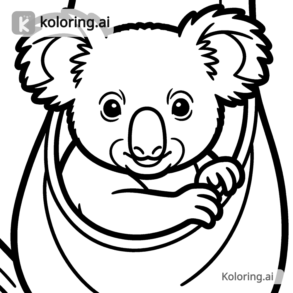 Black and white coloring page of joey koala peeking out from a pouch