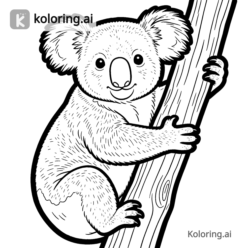 Black and white coloring page of koala climbing down a tall tree trunk