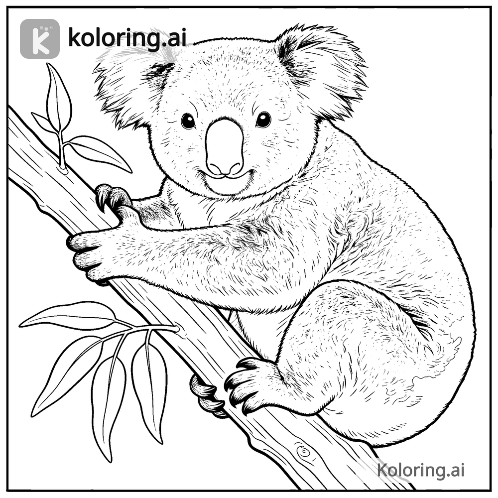 Black and white coloring page of koala clinging to a eucalyptus branch