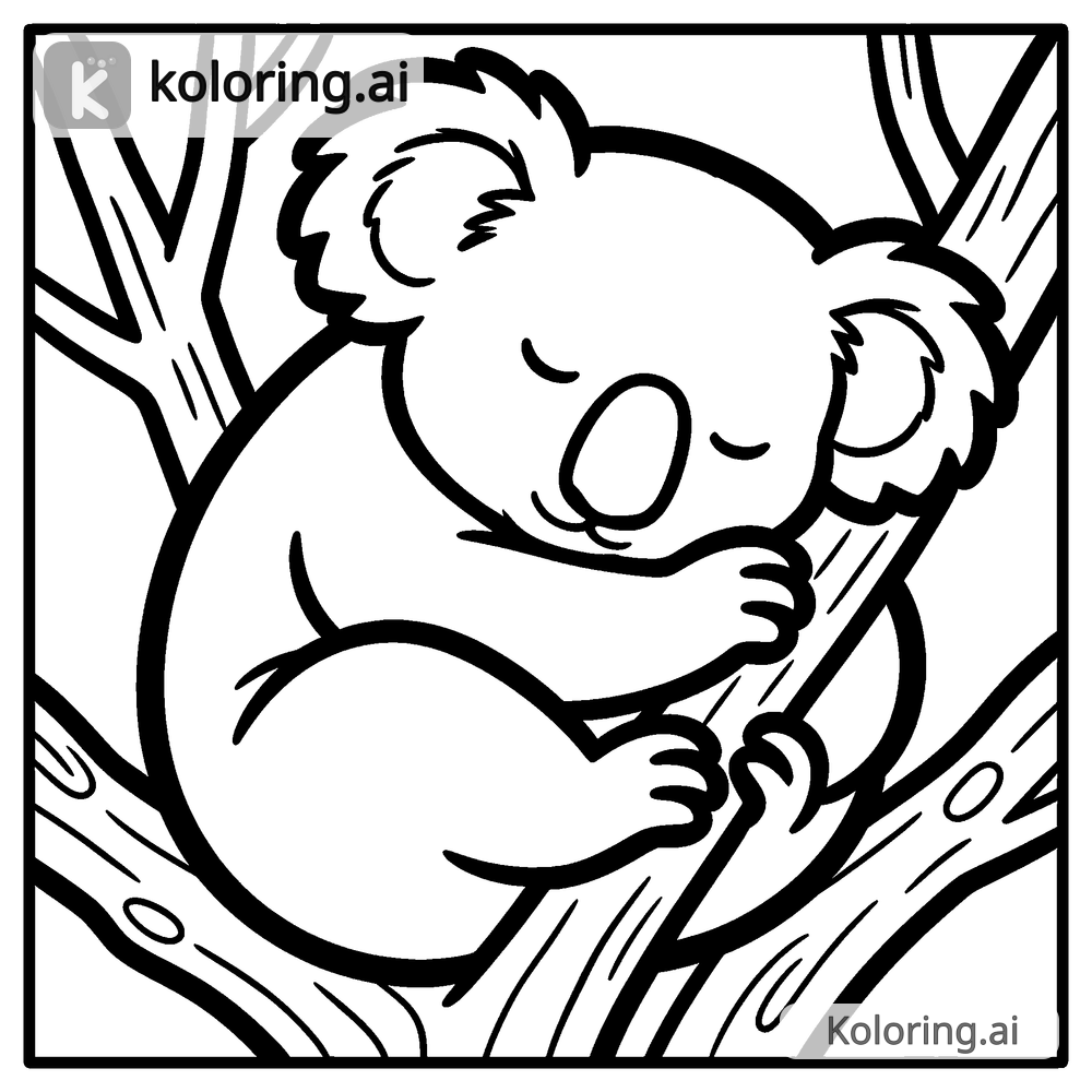 Black and white coloring page of koala curled up napping among branches