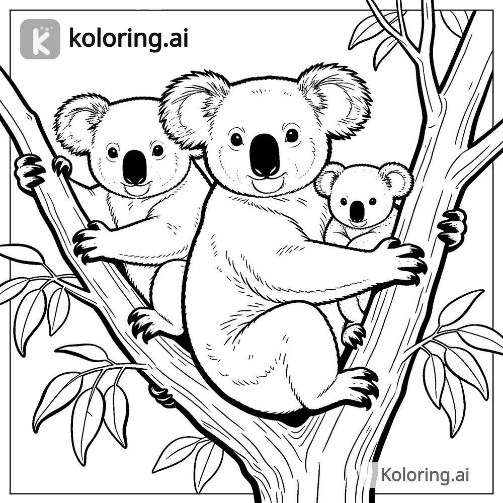 Black and white coloring page of koala family resting high in a gum tree