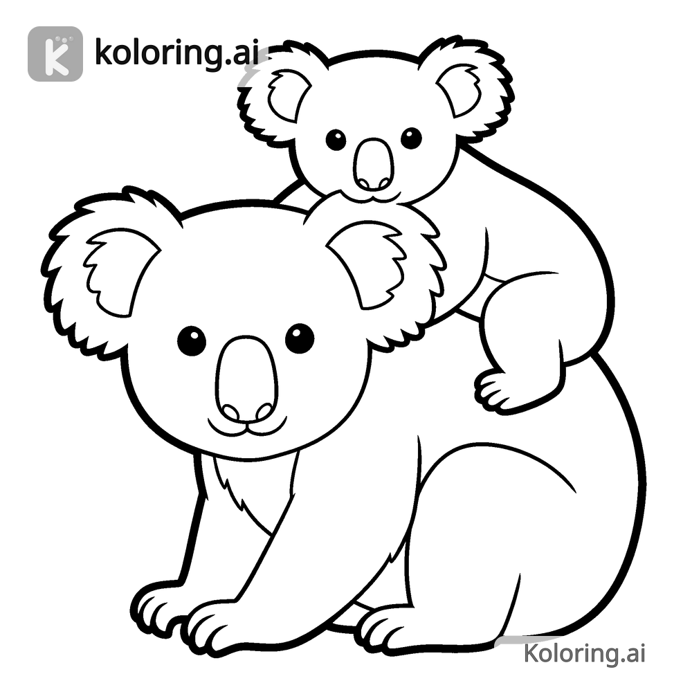 Black and white coloring page of koala joey riding on its mother's back