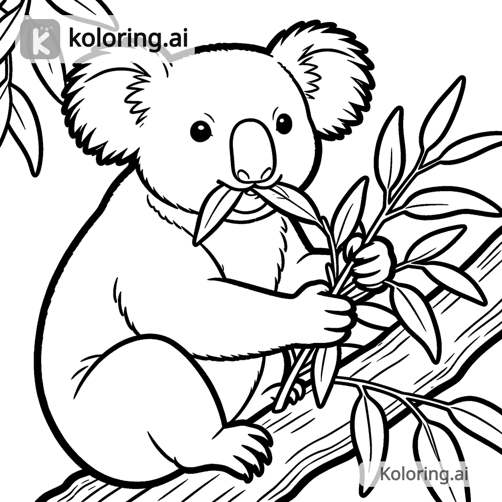 Black and white coloring page of koala munching on eucalyptus leaves